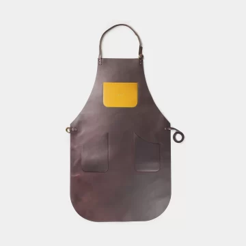 full leather black coffee apron yellow detail