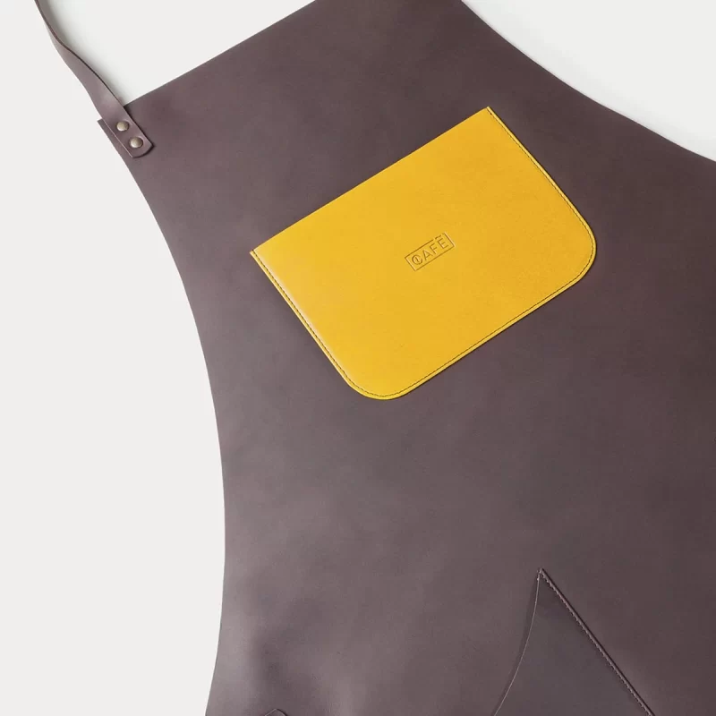 full leather black coffee apron yellow detail