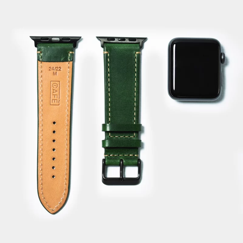 leather watch strap black steel in green